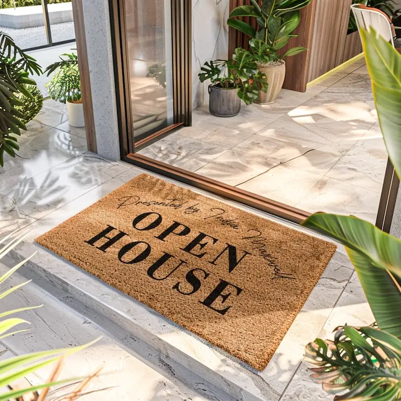 

Real Estate Presented by Doormat Open House Hosted by Realtor Custom Text Words Rug Personalized Realtor Welcome Outdoor Mats