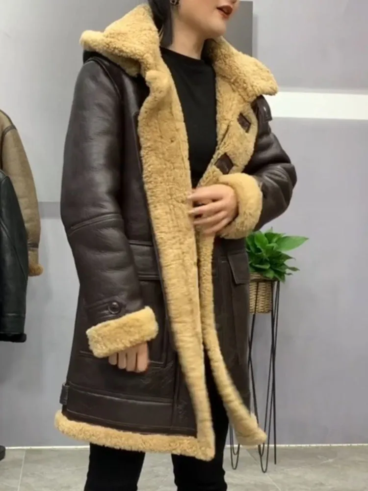 Men and Women\'s Winter Warm Coat Long Jacket Genuine Sheepskin Lambskin Shearling Wool Liner Hooded Brown XXXXXXXXL 5XL 6XL 7XL