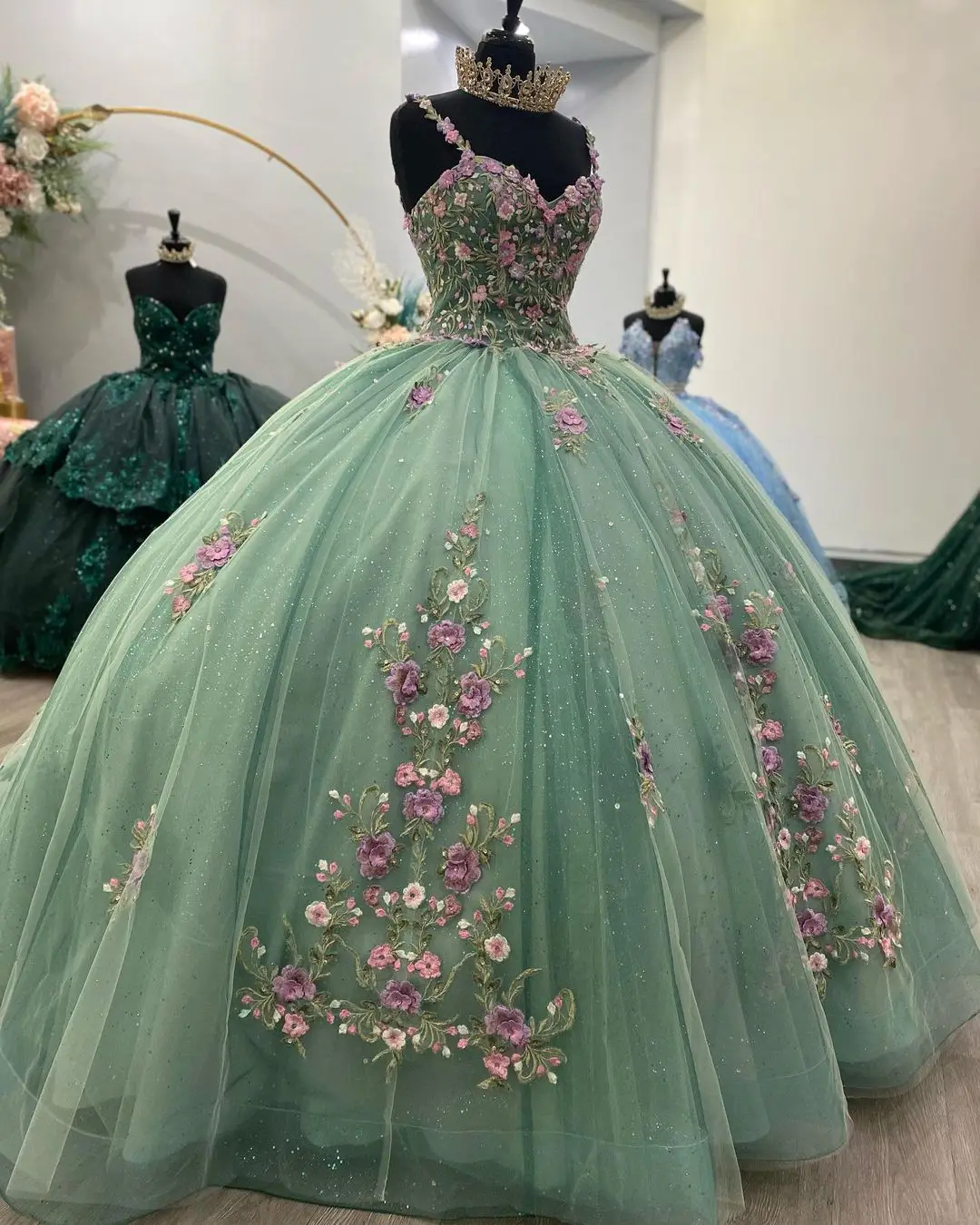 Sage Garden Crystal Beaded Contrasting Floral Embroidered 3D Flowers Quinceanera Gown Charro Mexican Dresses for 15th Girls