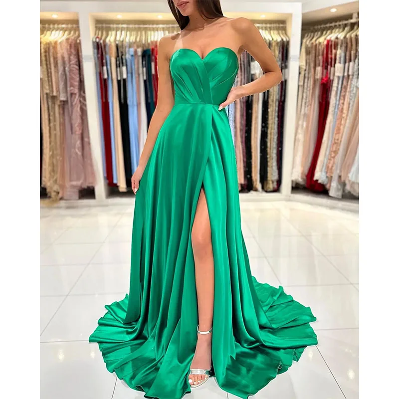 

Emerald Green A Line Prom Bridesmaids Dress Sweetheart Evening Elegant Thigh Split Pleats Party Dresses For Special Occasions