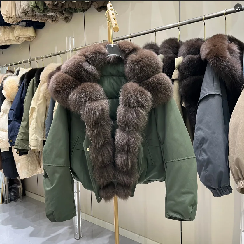 Winter Thicken Warm Quilted Parker Jacket Female Natural Large Fur Collar Short Down Jacket Women White Duck Down Loose Outwears