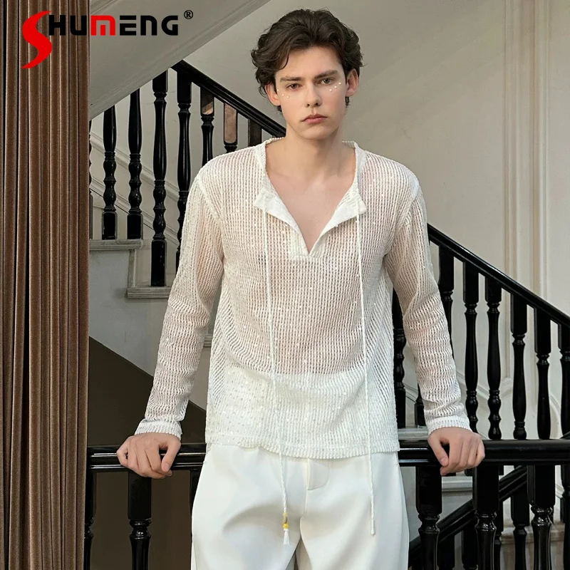 

2026 Summer New Fashion Long Sleeve Hollow Out Translucent Tees Sequin Design Shirt Collar T-Shirts Men's Elegant Handsome Tops