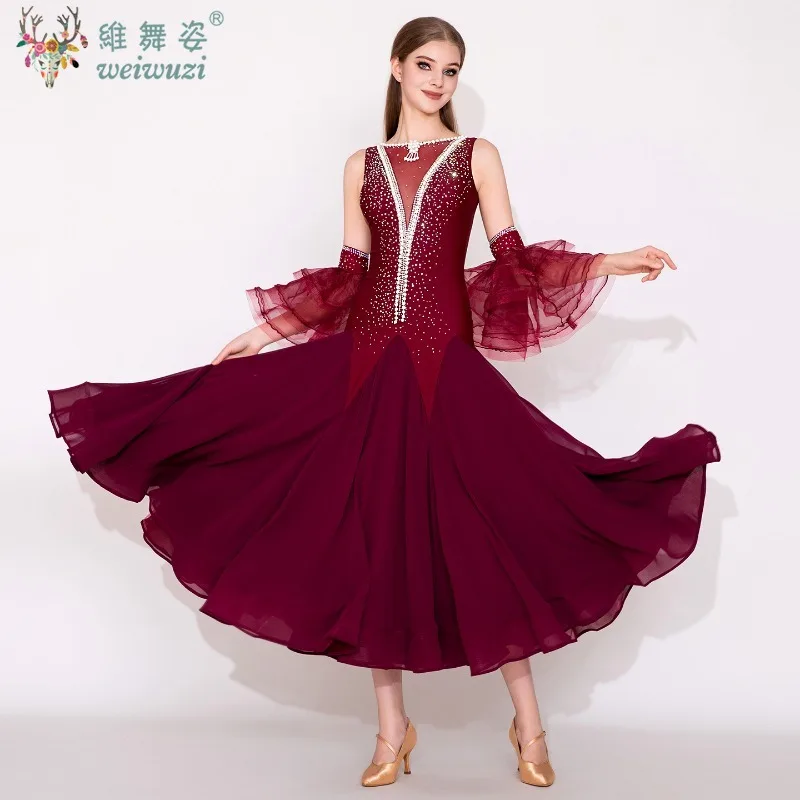 Traje de desempenho de dança moderna high-end luxo borgonha sem costas vestido adulto salão valsa dança competição roupas