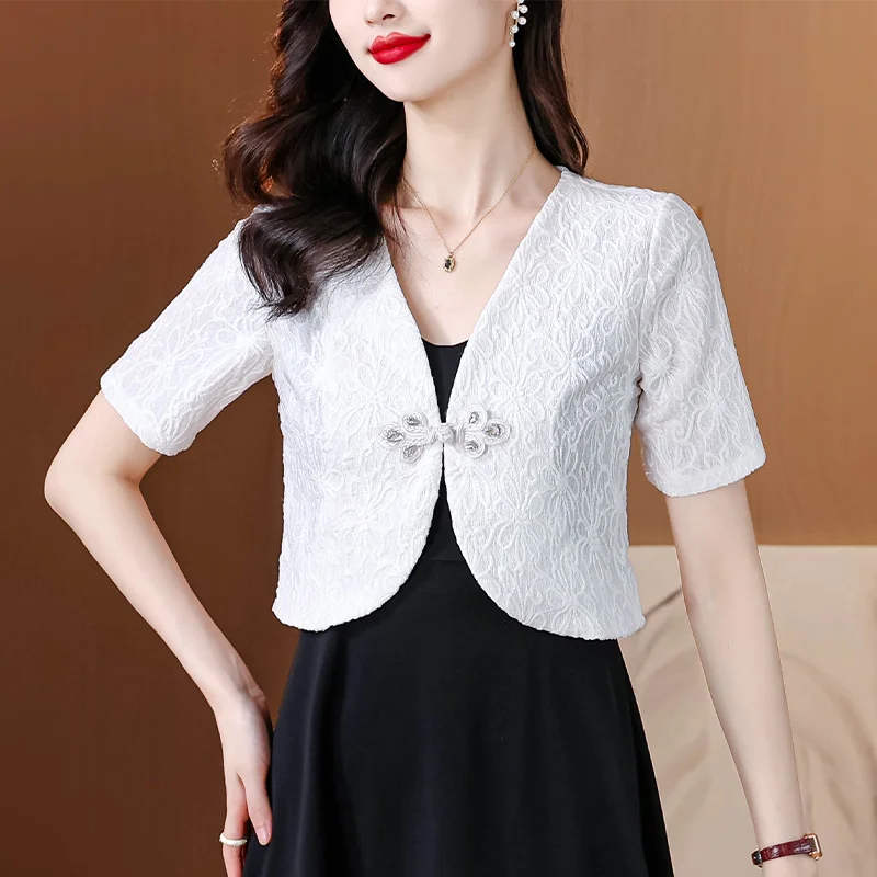 Summer Short Sleeve V-Neck Black White Women Jacket Chinese Style Jacket Coat Women Blusas Mujer De Mode 2024 Verano Blusa H616