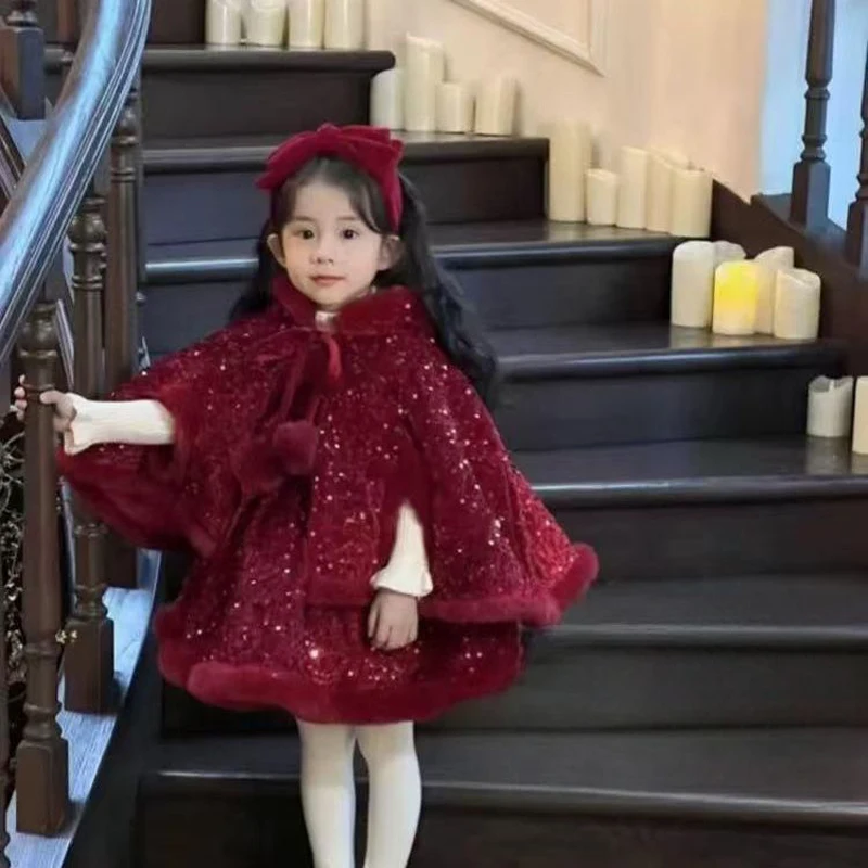 

Зимняя элегантная модная милая повседневная детская куртка принцессы принцессы для рождественской вечеринки, плотное красное пальто + платье, костюмы из 2 предметов