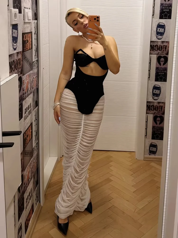 Sexy 2 Piece Set Women Cat Ears Irregular Strapless Tops+Ruched Mesh Skirt Matching Summer Birthday Party Clubwear