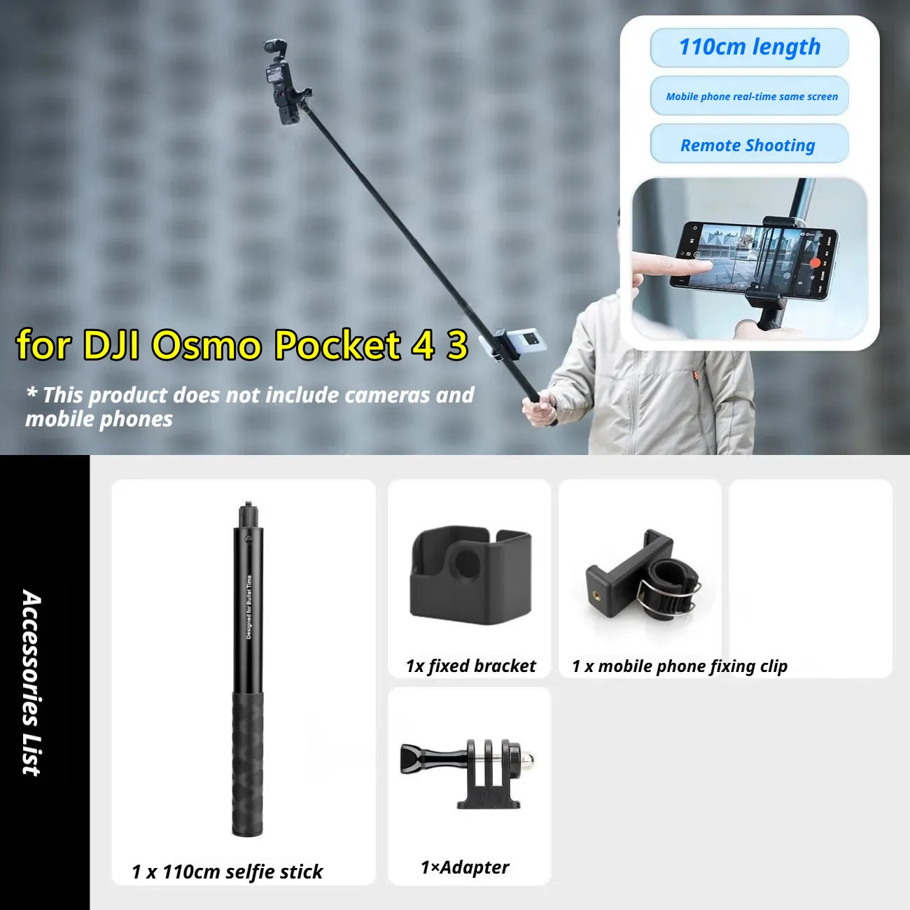 For DJI Osmo Pocket 4pro/4 3 Extension Rod Pole Bar with 1/4' Thread Adjustable Metal Selfie Stick Compatible DJI Pocket 3/4/4p
