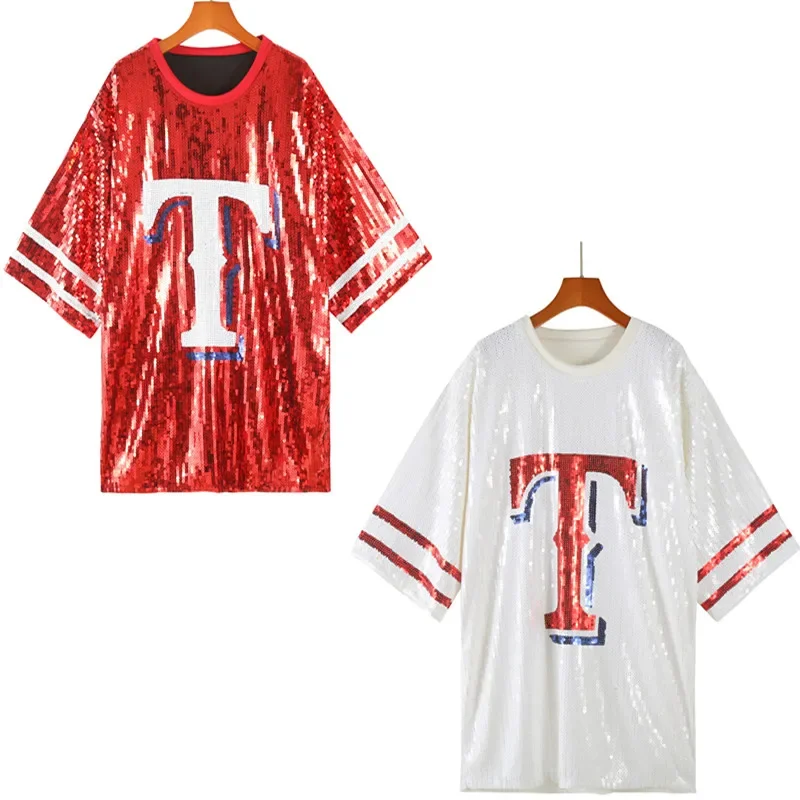 

Spring Summer New Fashion Sequin Women Short Sleeved T-shirt Simple Round Neck Team Female Top HotSale