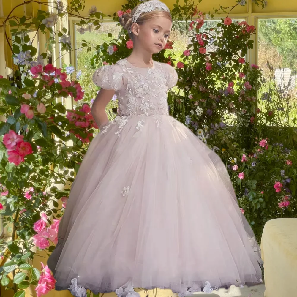 

Light Pink Flower Girl Dress Tulle Beading For Wedding Short Sleeve Child First Eucharistic Birthday Party Dresses Customized