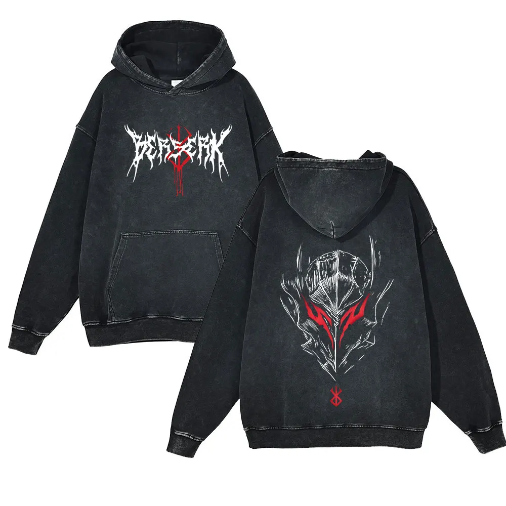 Anime Berserk Retro Washed Hoodies 100% Cotton Tops Black Acid Vintage Y2K Hooded Sweatshirts Oversize Hip Hop Male Pullover