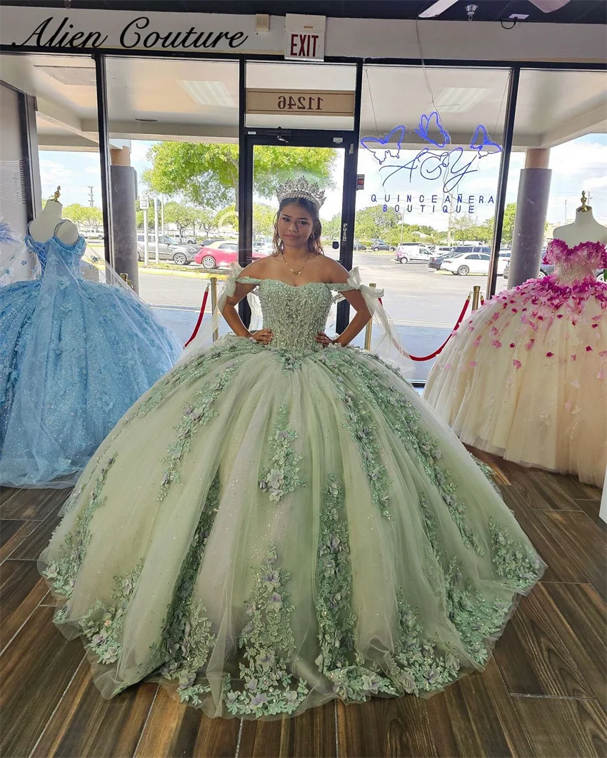 New Green Ball Gown Quinceanera Dress 2024 3D Floral Appliques Beaded Crystal Sweet 16 Dress Vestido De 15 Anos  Customized