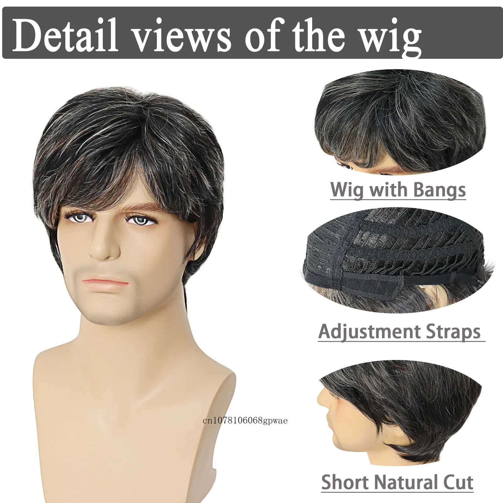 Synthetic Mens Short Wig with Bangs Black White Mixed Wig for Male Natural Haircut Father Grandpa Gift Daily Old Man Wig Cosplay