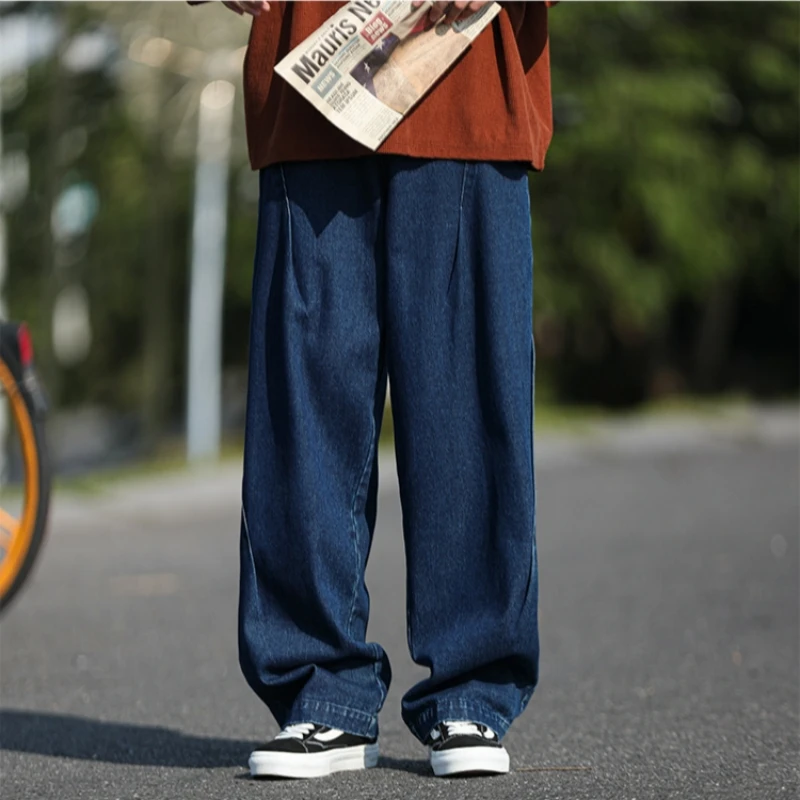 Men\'s Retro Pure Cotton Jeans Loose Straight Tube Pants High Street Fashion Versatile Wide Leg Pants Oversized Workwear Trousers