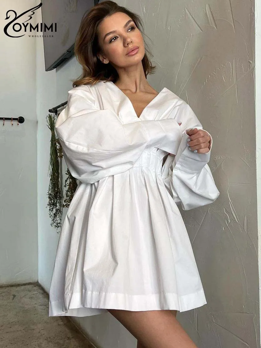 Oymimi Fashion White Cotton Women\'s Dress Elegant V-Neck Long Sleeve Solid Dresses Casual High Waist Mini Dresses Female Clothes