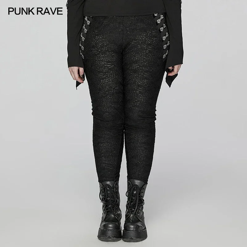 

PUNK RAVE Women's Gothic Stretch Texture Leggings Hand-sewn Engraved Buckle Decoration Trousers Spring/Autumn