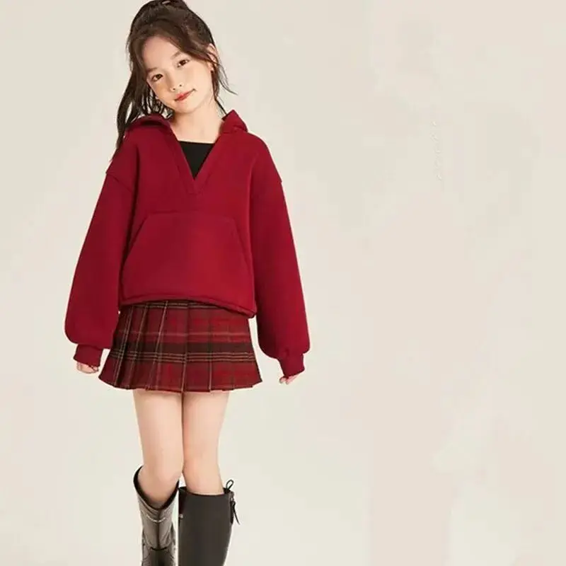 

120-170cm Girls' Set Autumn/Winter New Fashionable Children's Velvet Hoodie+pleated Skirt Two Piece Set
