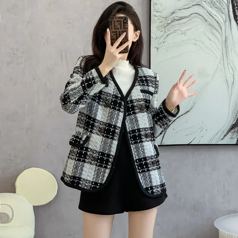 

2024 Autumn New Sle Casual Plaid Suit Jaet Women's Spring Autumn Medium Length Name Lady Faion Polyester V-ne Double ...