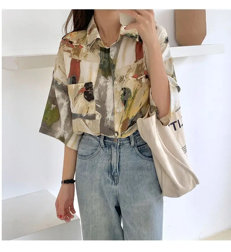 Blusa vintage de manga curta com impressão de pintura a óleo para as mulheres, top bonito, chique, streetwear coreano, roupas primavera