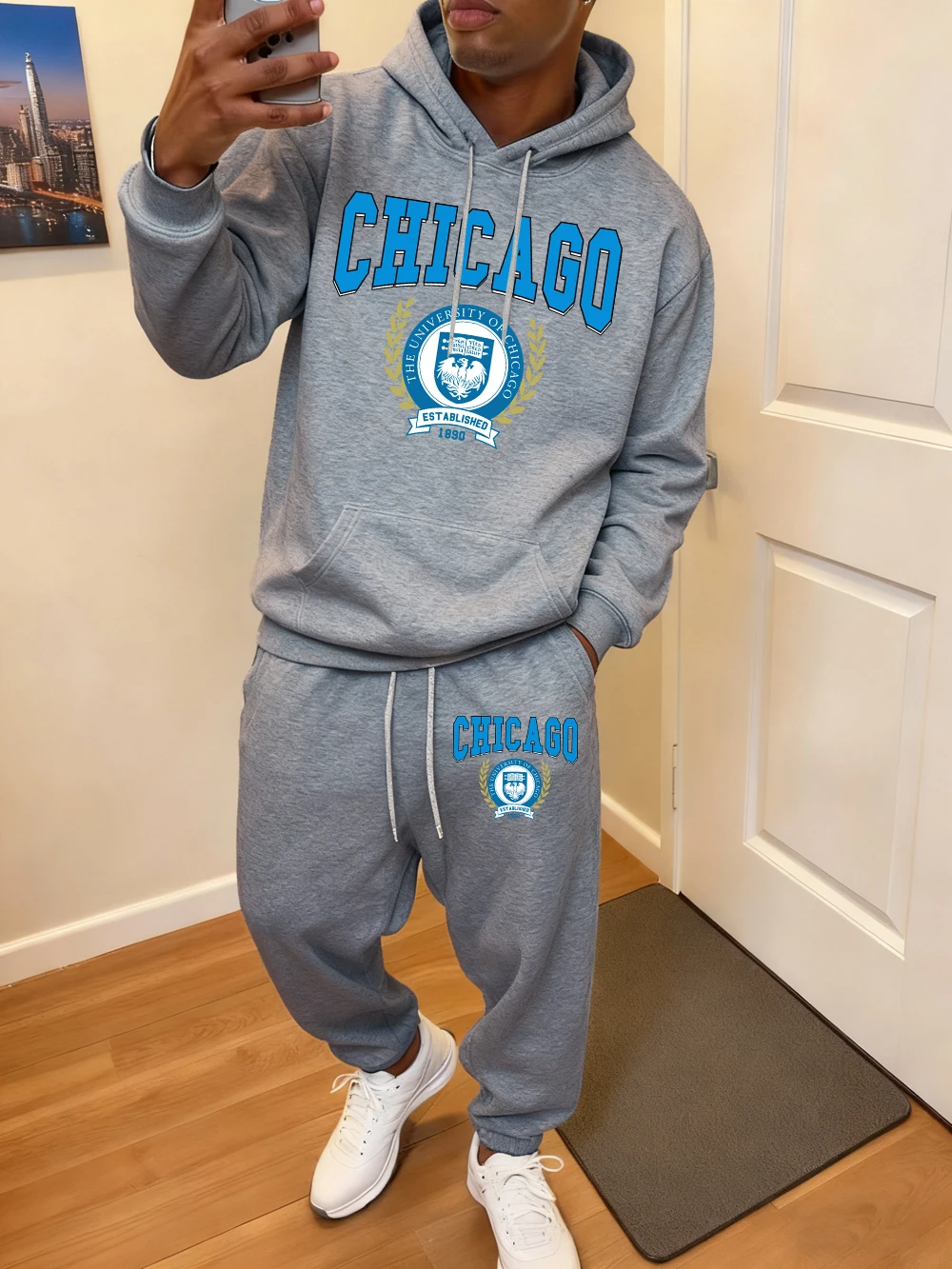 

Комплект толстовок из 2 предметов, мужские спортивные штаны с принтом Университета Чикаго, зимние свободные флисовые теплые штаны с капюшоном, спортивная одежда с карманами