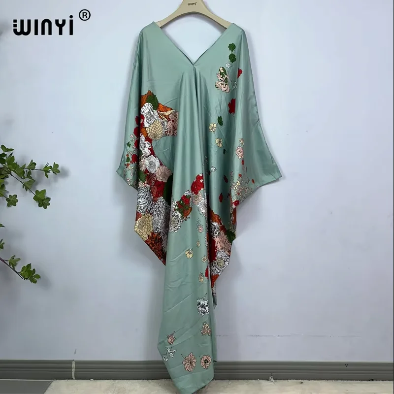 WINYI Print Summer Maxi Dress Muslim Abaya Lady Beach Cover Up Muslim Woman Dresses Beachwear Fashion Kaftan Abaya Dubai Luxury