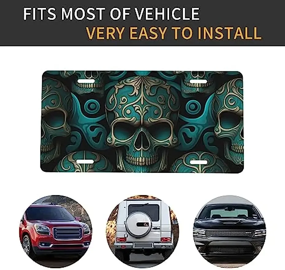 私たちの車のためのアルミニウム自動車ナンバープレート、クールな金色の質感、頭蓋骨の頭、車のフロント、12 x6インチ