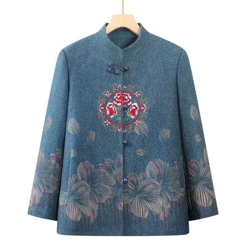 China Retro Grandma Woolen Coat New Buttons Cardigan Jacket Middle Aged Mother Autumn Winter Wool Overcoat Women's Jackets