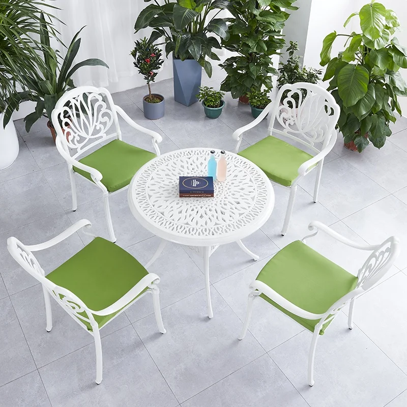 

Белый садовый обеденный стол с 4 стульями, мебель для балкона и патио, уличный комплект из литого алюминия для ресторана с отверстием для зонта