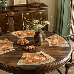 2pcs Chinoiserie Placemats Asian Scenic Fan Shape Flower Bird Table Mat Washable Farmhouse Oriental Place Mats for Home Kitchen