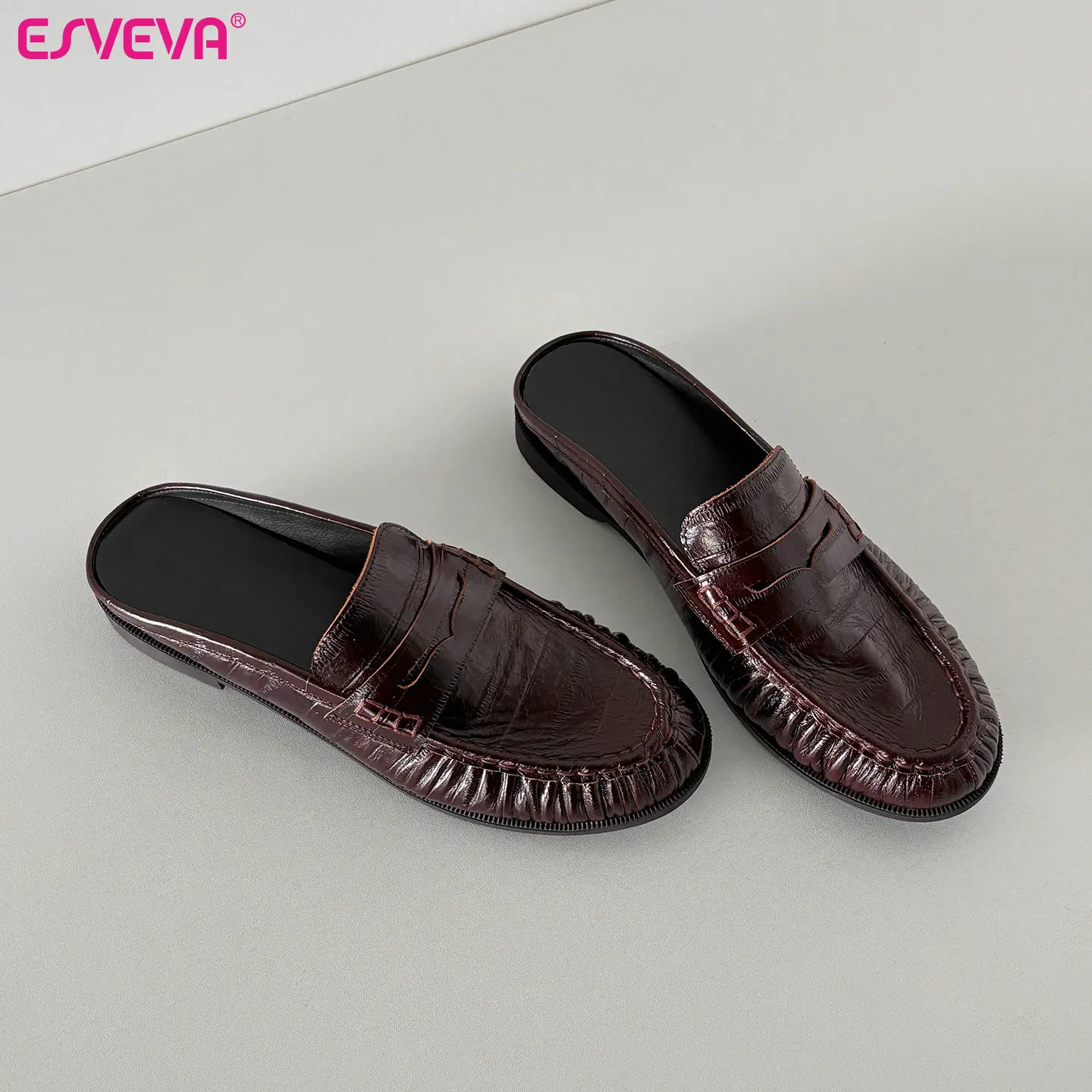ESVEVA 2026 News Mules Women Flats Shoes Genuine Leather Wrinkled Woman Casual Shoes Autumn Round Toe Ladies Dress 34-40