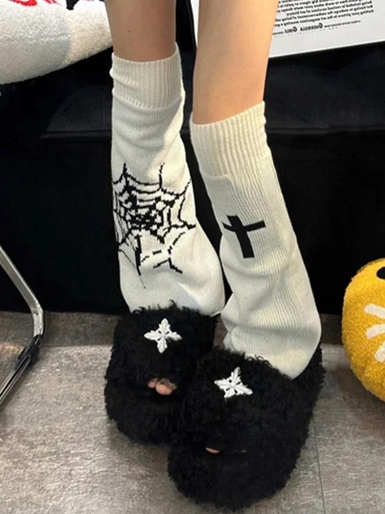 Spice Girls Y2k Wide Leg Warmers Fashion Punk Japanese Autumn Winter Spider Knitted Foot Cover Fairycore Grunge Long Socks