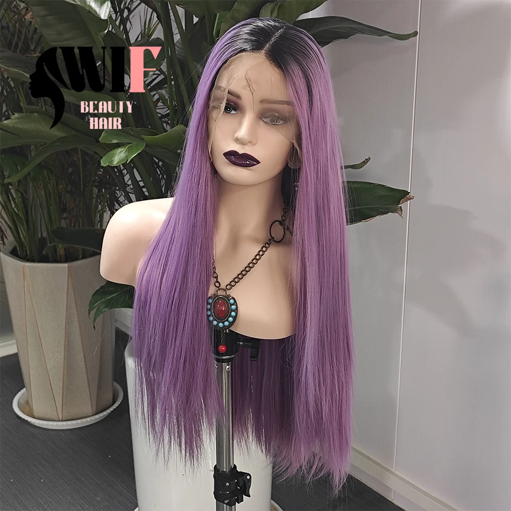 Wif Ombre Ash Peruca Sintética Roxo, Lace Part, Cabelo Liso, Raiz Preta, Lace Front Perucas, Uso Cosplay, Maquiagem, 13 × 6