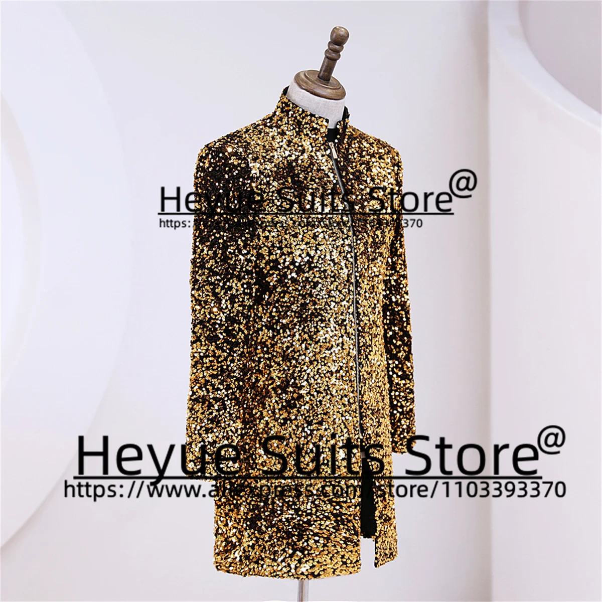 Golden Shiny Sequin Wedding Suits For Men Slim Fit Stand Collar Groom Tuxedos Prom 2 Pcs Sets Elegant Male Blazer Costume Homme