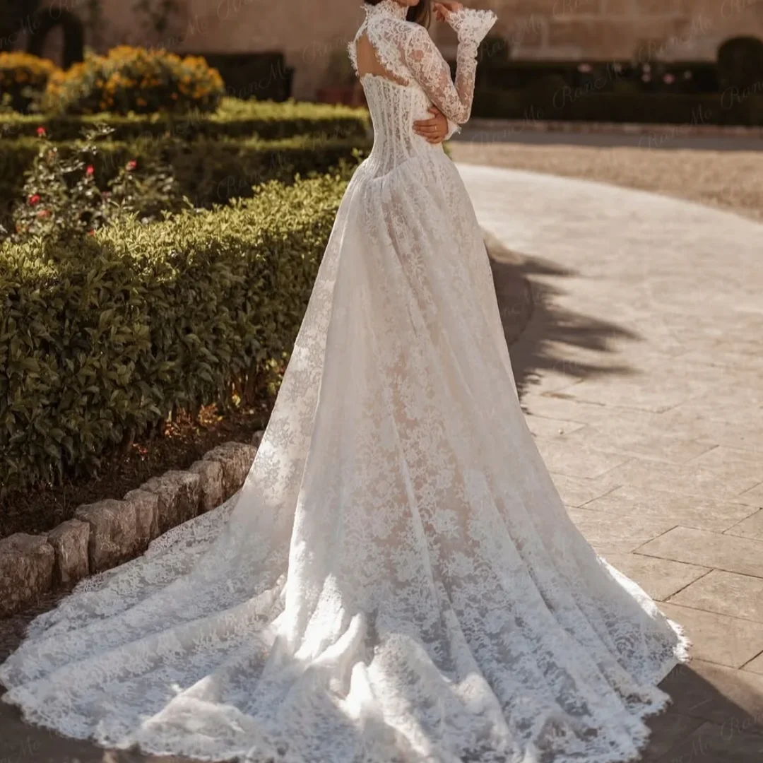 رقبة عالية على شكل حرف a كم كامل دانتيل فساتين زفاف فاخرة بوهو لحفلات الزفاف فستان حفلة موسيقية جديد 2025 فستان زفاف أبيض مخصص #2