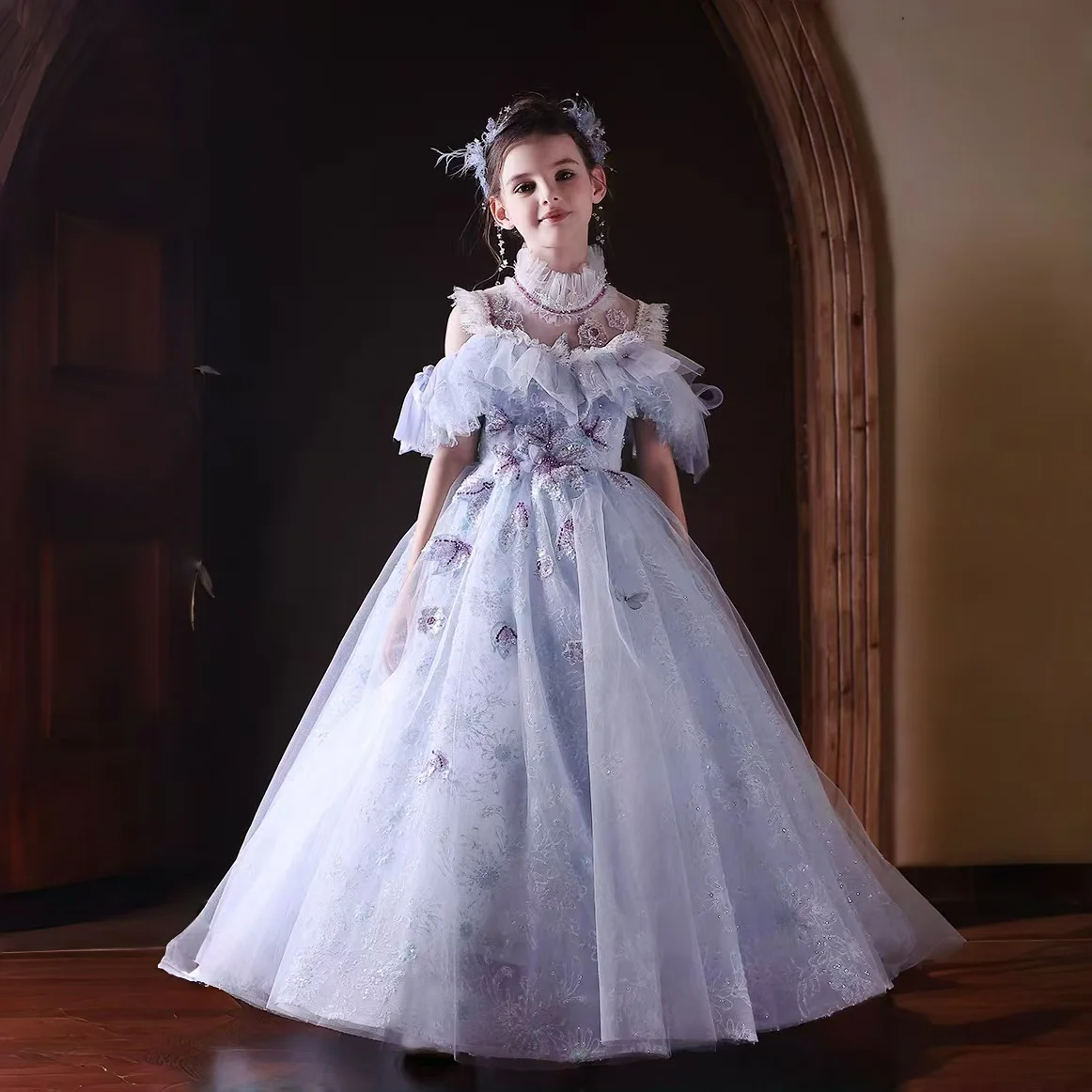 지엘 위시 J338 블루 프린세스 드레스 여아용 오프숄더 비즈 장식 럭셔리 어린이 정장 웨딩 생일 파티 무대 의상