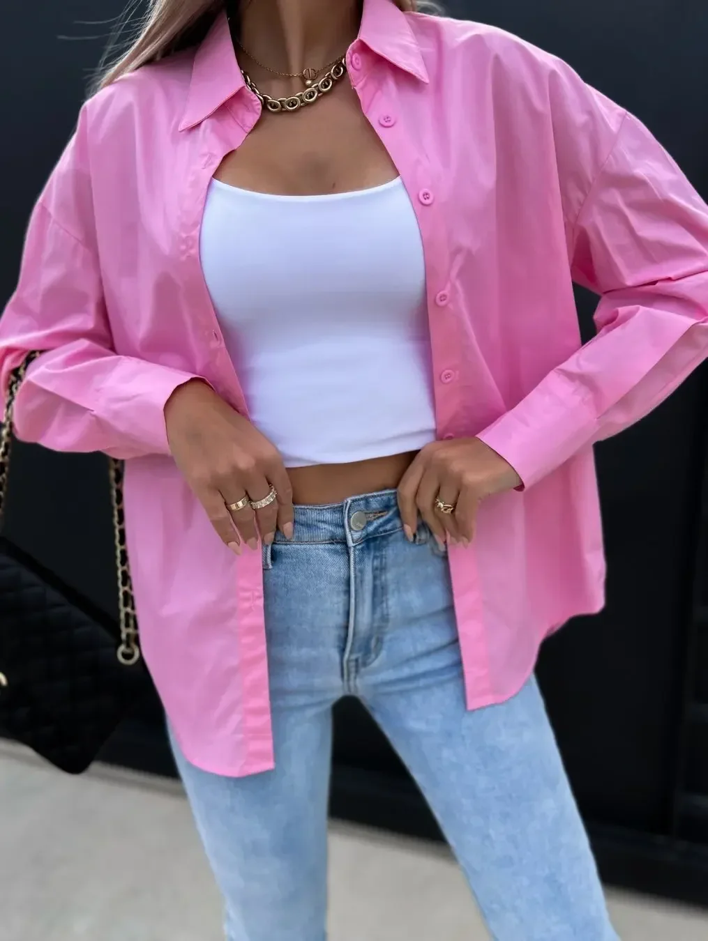 New women\'s spring and summer new European and American women\'s loose solid color long-sleeved V-neck button shirt shirt