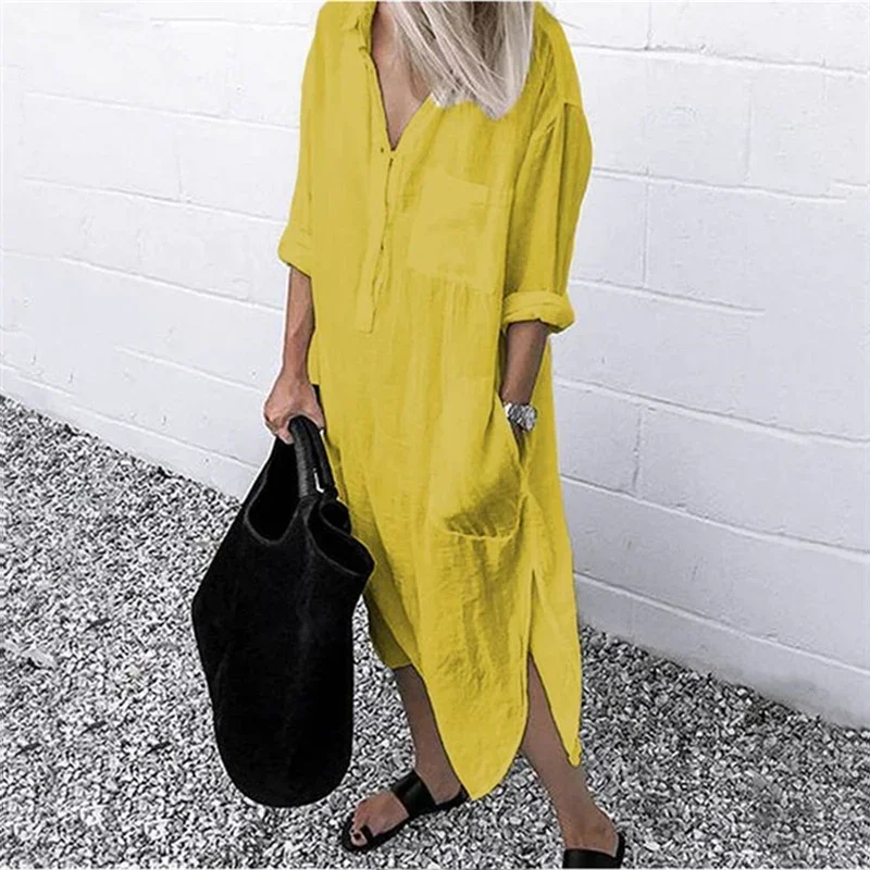 Frauen elegante Baumwolle Leinen einfarbige Kleider Sommer bequeme weibliche lässige Pendler Kleid Multi-Pocket Split Saum lose Kleid