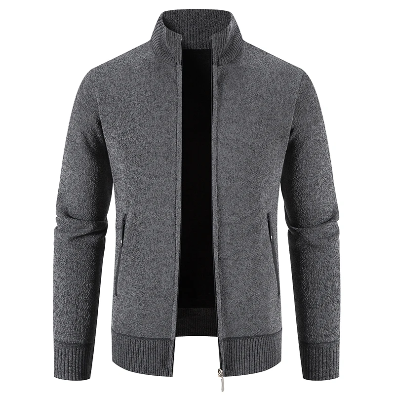 Nova Jaqueta Casual para Homens Camisola Cardigan Slim Solid Stand Collar Zipper Primavera Inverno Grosso Quente Roupas Masculinas