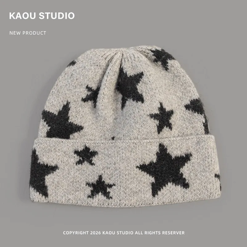 Vielseitige, trendige Strickmütze mit Sternmuster für Herren und Damen, ideal für Herbst und Winter, warm, für Outdoor-Aktivitäten, Ski- und Reitmütze, auch für größere Kopfumfänge geeignet. – Detail 4