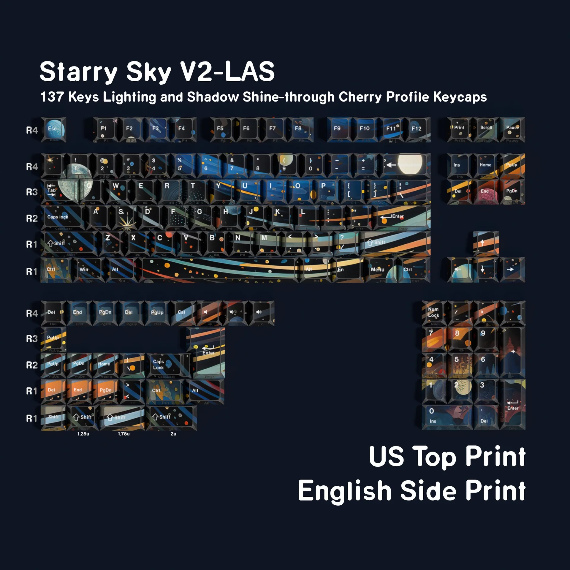 ES/FR/GE/RU/AR/JP/KR/UK Cherry Profile PBT Keycap Starry Sky Edge Shine Throug Mechanical Keyboard Side Print Keycaps ISO 7U