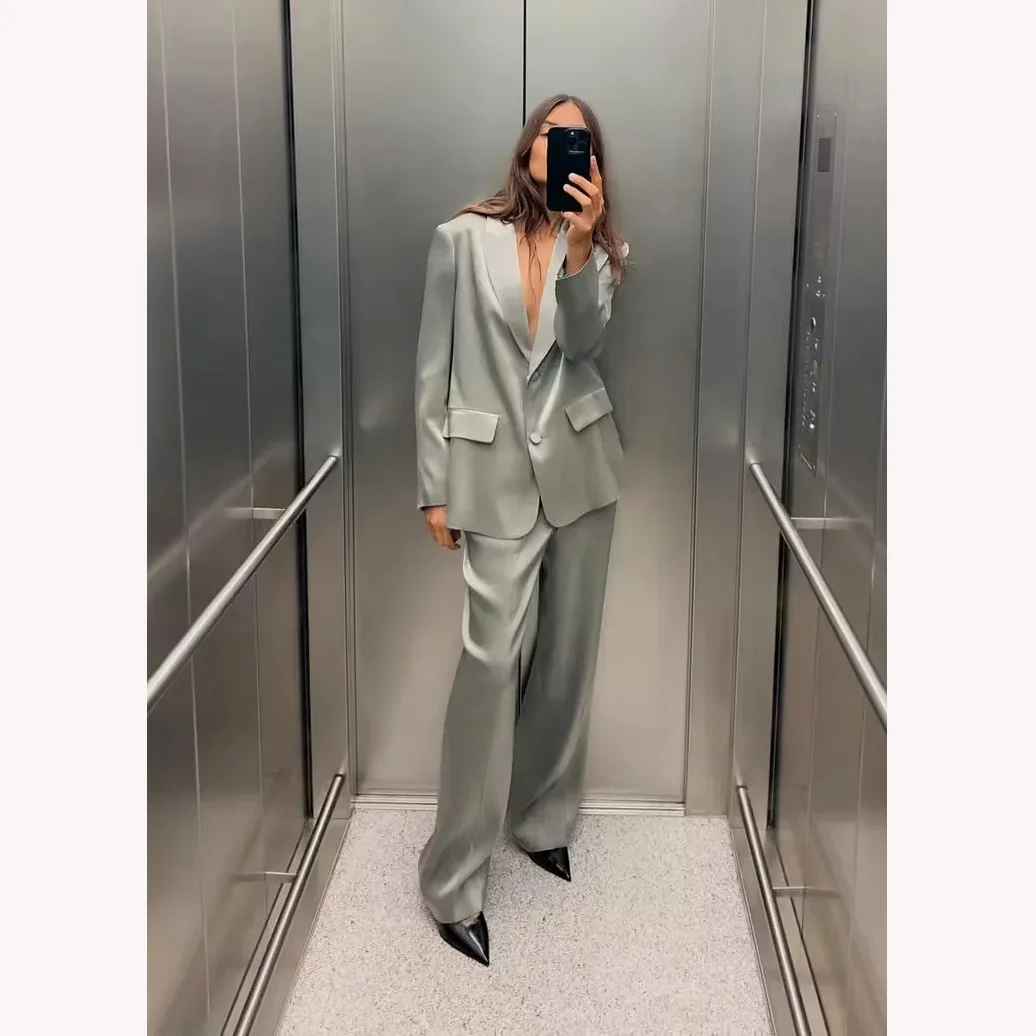 Metallic Silver Wide Leg Pants Sets For Women 2 Pieces Women\'s Suit Blazer Jacket Trousers Elegant Classic Fashion Chic Stylish