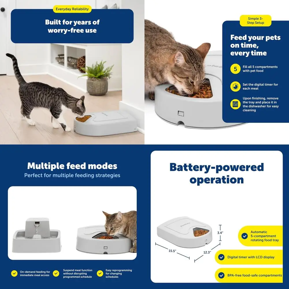 

40 oz Dry Food Automatic Pet Feeder, 5-Meal Portion Control, Plastic, Suitable for Multiple Dogs