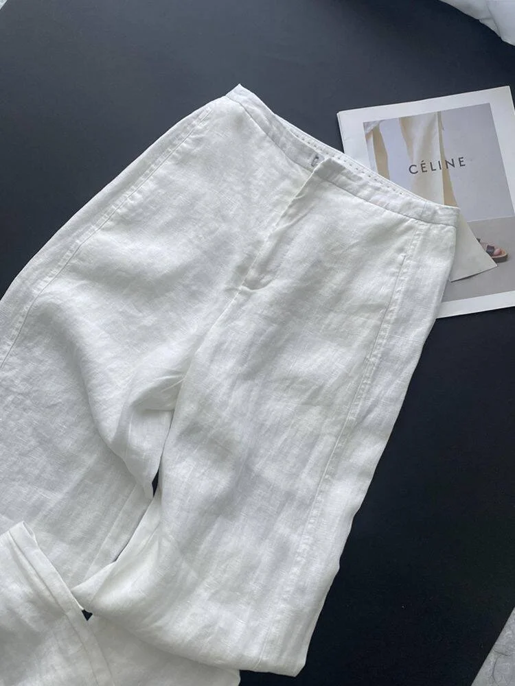 Elegant High Waist Cotton Linen Wide Leg Pants Straight Cut Vintage Style Women's Summer Casual Trousers White Color