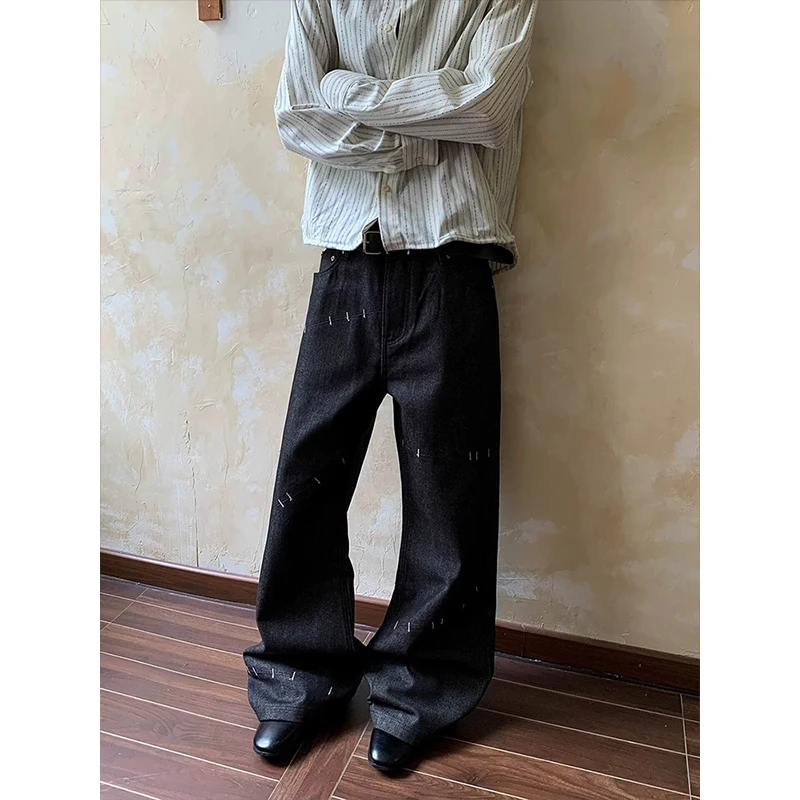 Men American Vintage Denim Red Stitch Raw Black Straight Micro Flare Jeans Slim Fit Fashion Casual Stretch Long Denim Trousers