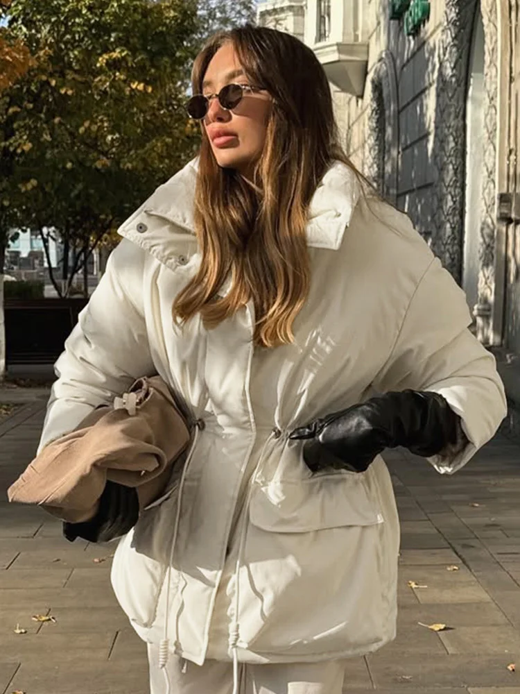 

Trendix 2025 Winter Warm Jacket Women White Pocket Lace Up Long Sleeve Parkas Femme Autumn Fashion Office Commuting Warm Coat