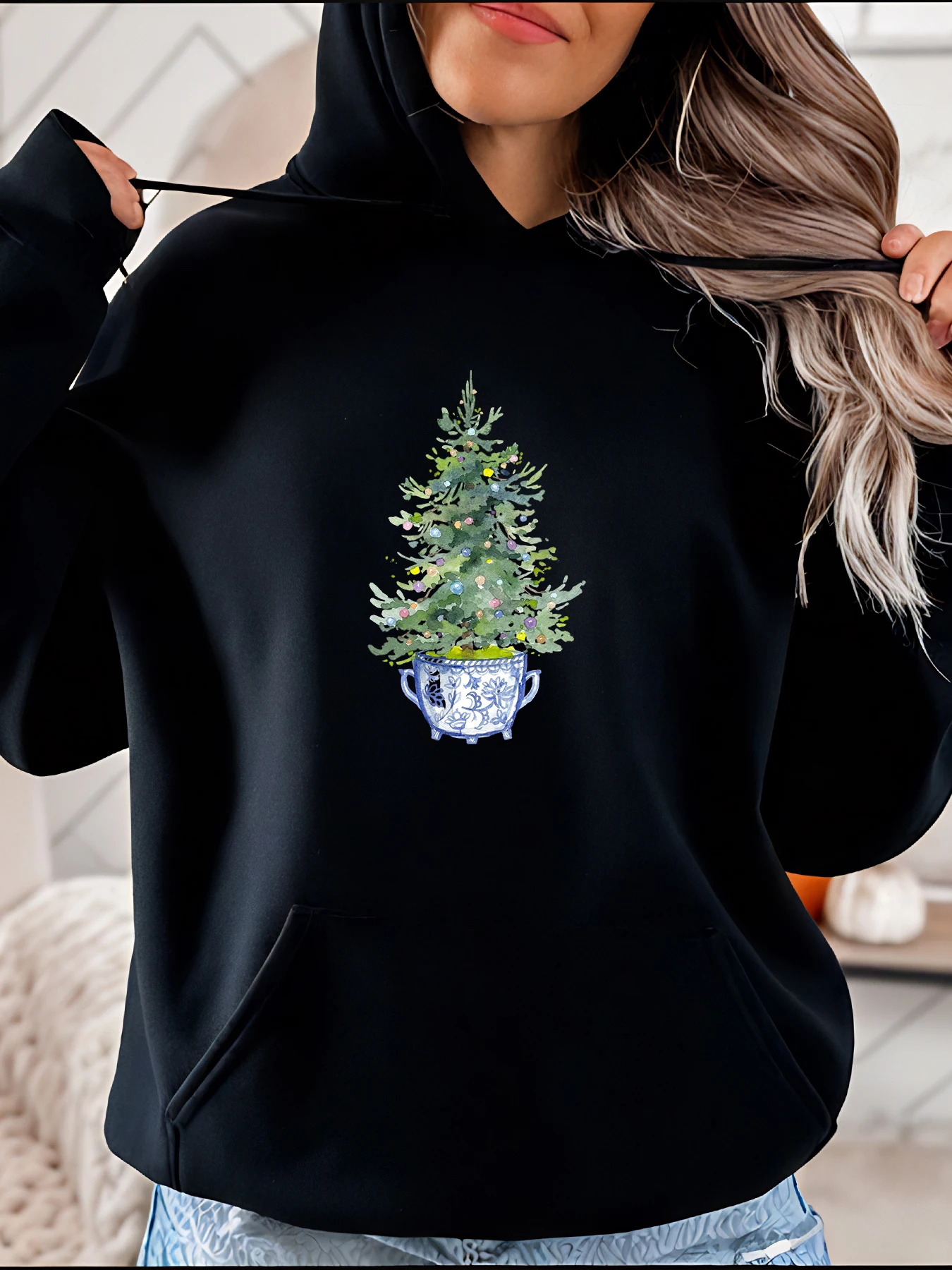 

Толстовка с принтом рождественской елки, повседневная зимняя стильная декоративная женская праздничная одежда с горшком
