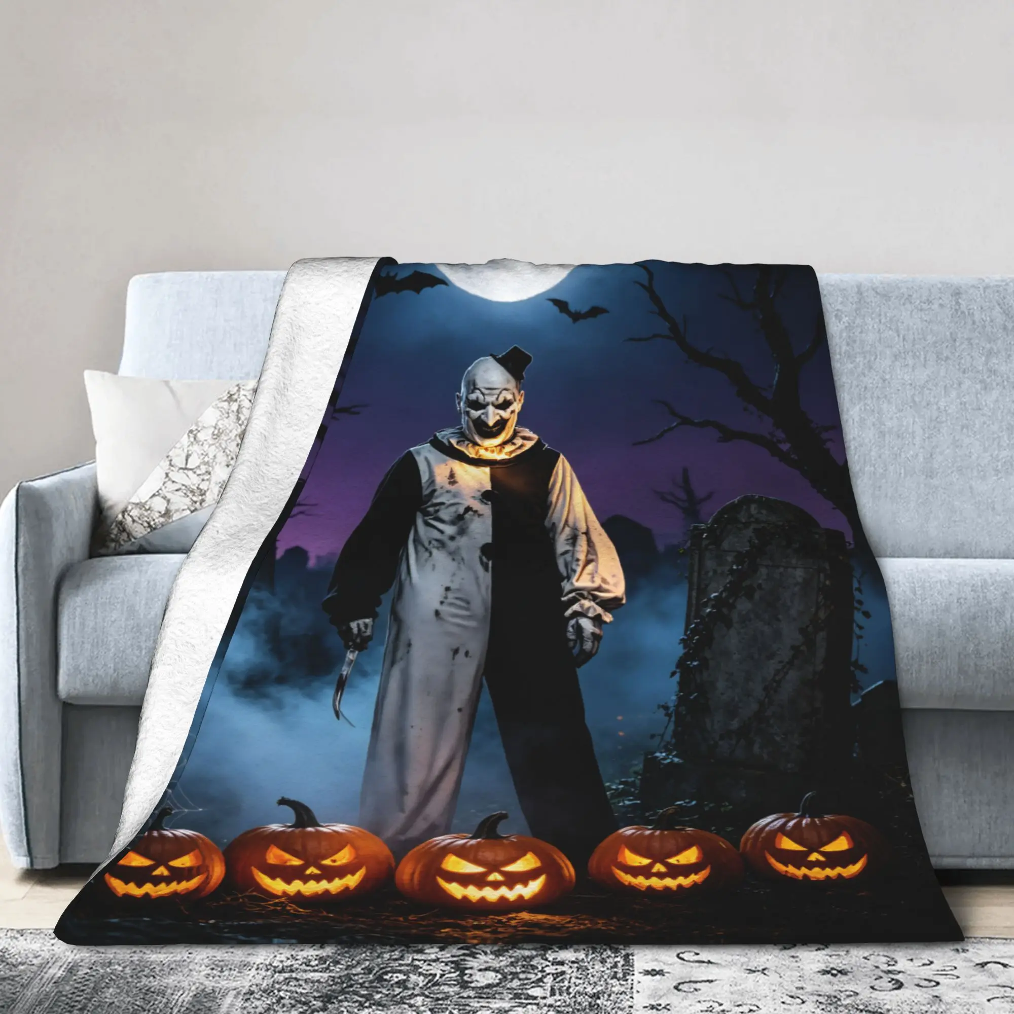 Terrifier Halloween Pumpkin Flannel Blankets Horror Movie Customized Throw Blanket for  Sofa Bedding Lounge 150*125cm Bedspreads