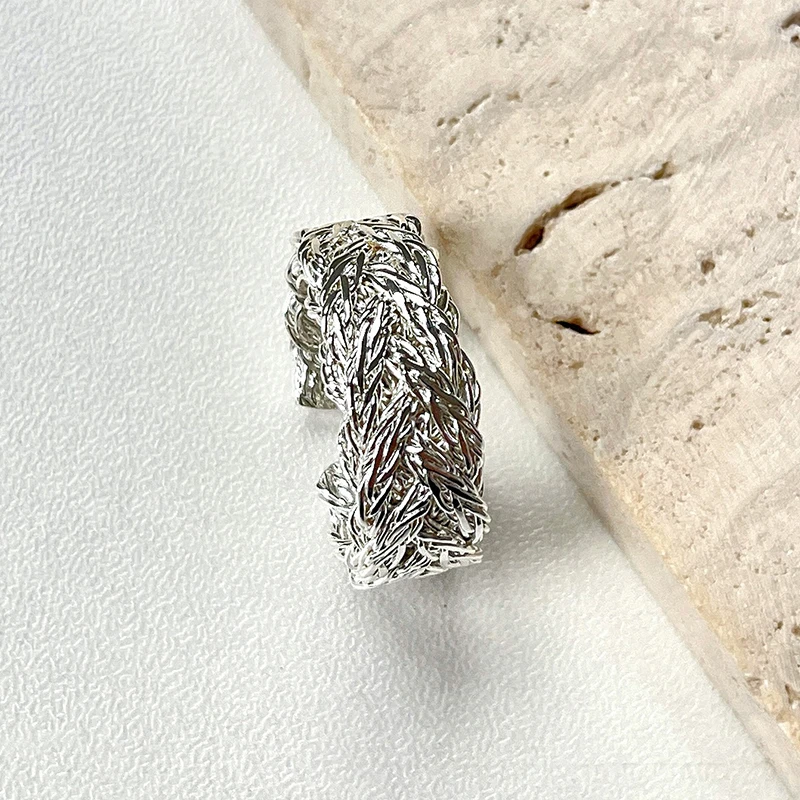 Foxanry Non-fading Silver Color Scrub Ring For Women New Fashion Simple Line Weaving  Geometry Handmade Party Jewelry Accessorie