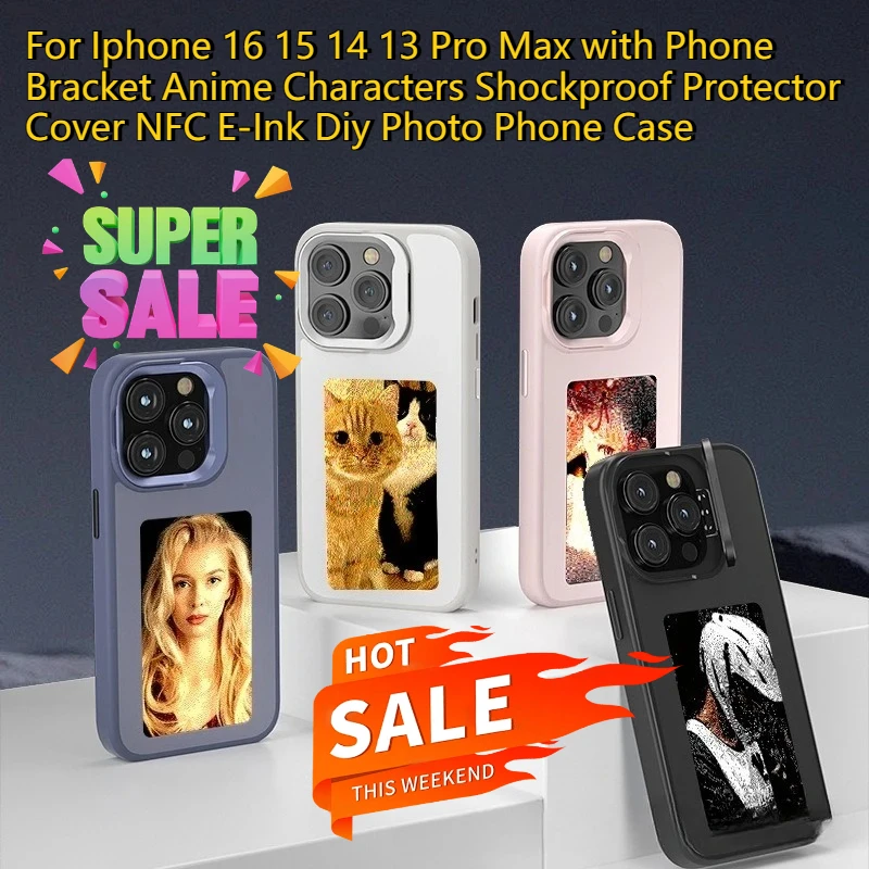 

For Iphone 16 15 14 13 Pro Max with Phone Bracket Anime Characters Shockproof Protector Cover NFC E-Ink Diy Photo Phone Case