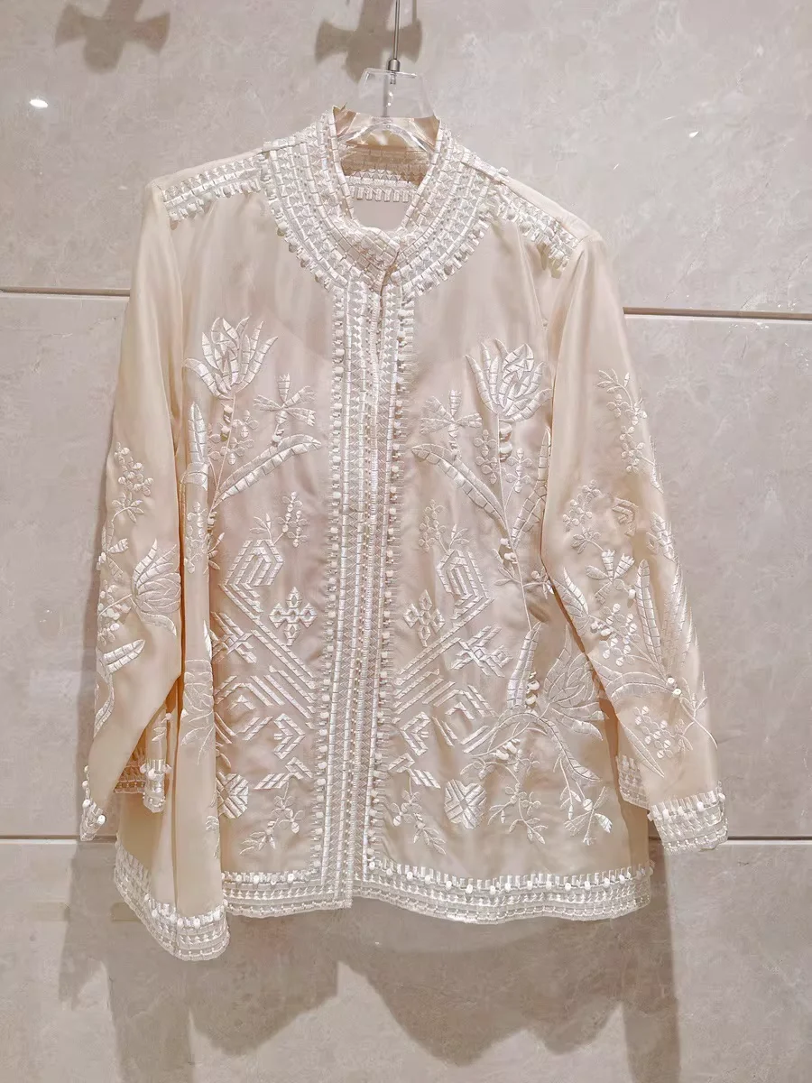 

High Quality 100% Silk Shirt Sexy Ladies Transparent Loose Top Fashion Ladies Embroidered Beige Blouse