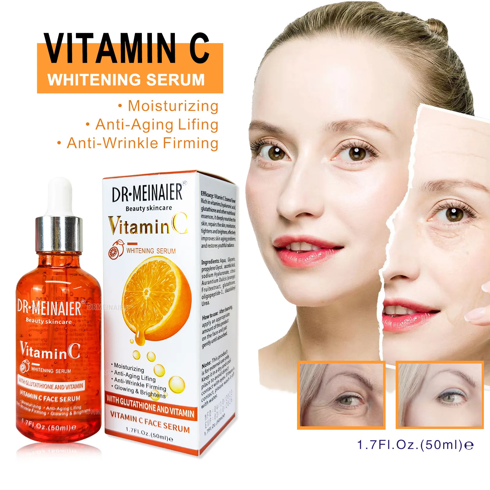 50ml * 2 szt. Witaminy C Serum do twarzy, rozjaśnia, nawilża i zmniejsza oznaki starzenia, z witaminą C, kwasem hialuronowym dla promiennej skóry